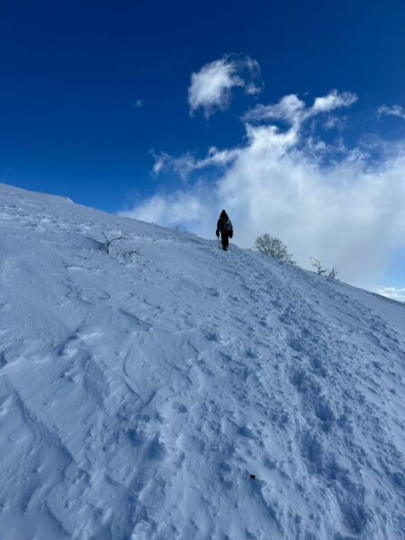 青空と雲海のコントラストが美しい中、急登を登るもおすけ
