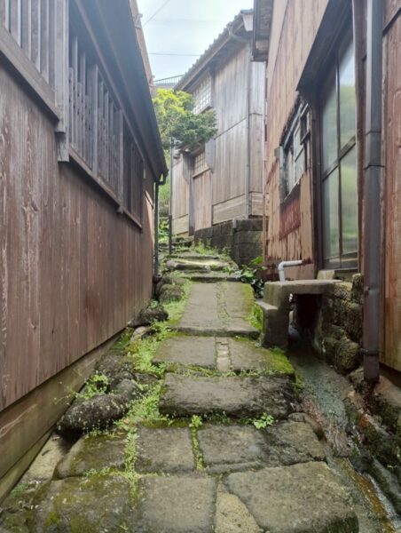 板壁の家々に挟まれた宿根木の石畳の細い路地、迷路のような町並み